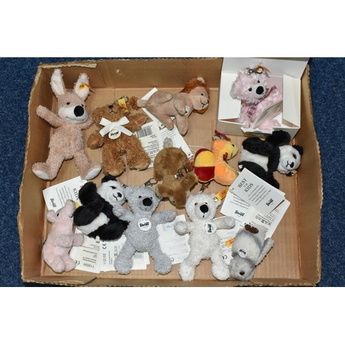 581 - A BOX OF STEIFF PENDANT KEY RINGS, twelve key rings in the forms of teddy bears, pandas, a lion, an ... 