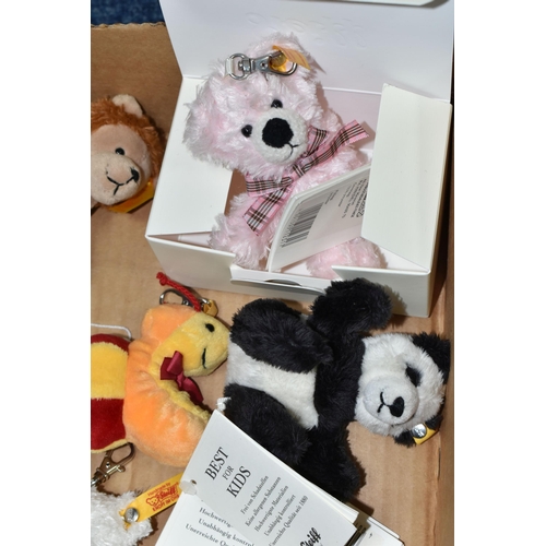 581 - A BOX OF STEIFF PENDANT KEY RINGS, twelve key rings in the forms of teddy bears, pandas, a lion, an ... 