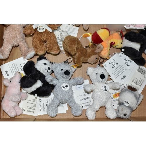 581 - A BOX OF STEIFF PENDANT KEY RINGS, twelve key rings in the forms of teddy bears, pandas, a lion, an ... 