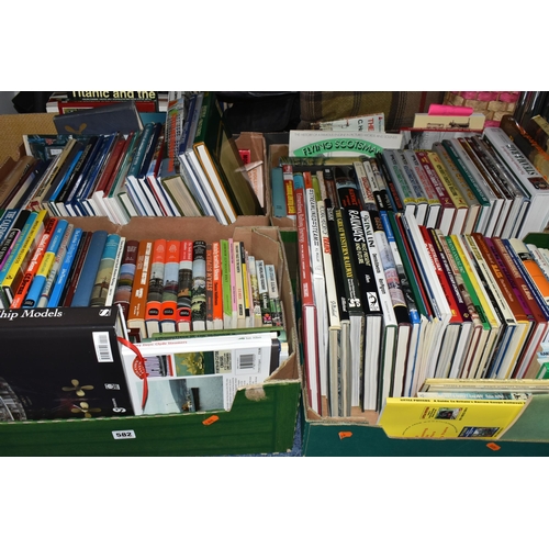 582 - FOUR BOXES OF BOOKS containing over 160 miscellaneous titles in hardback and paperback formats on th... 