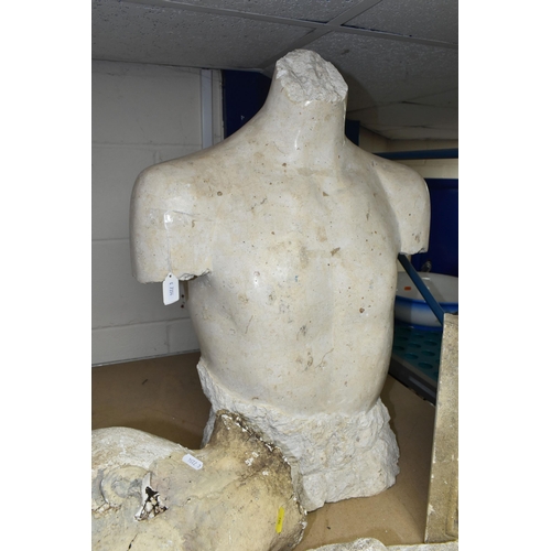 593 - THREE MODERN CAST PLASTER SCULPTURES, comprising a Greco Roman style human torso, approximate height... 