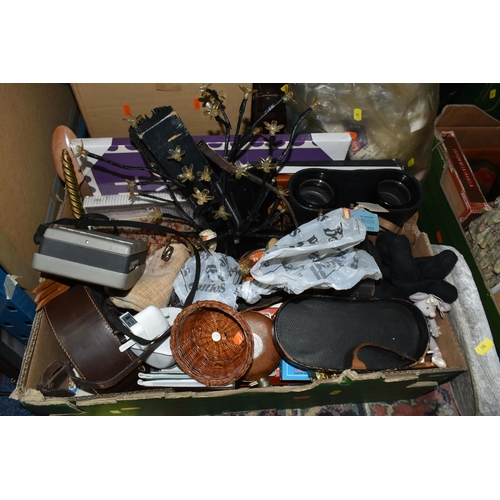 598 - FIVE BOXES AND LOOSE SUNDRY ITEMS ETC, to include a boxed Singer model 99? sewing machine with acces... 