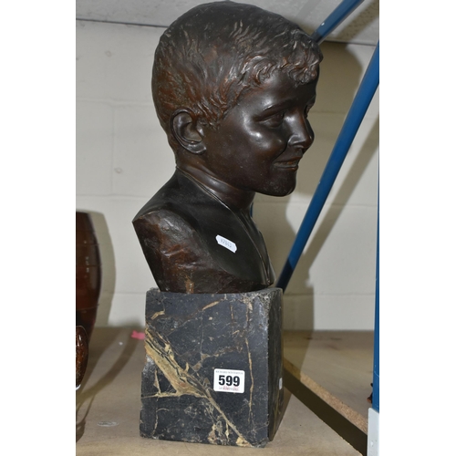 599 - A HOLLOW BRONZE BUST OF A YOUNG SMILING BOY,  inscribed E. Rossi, Naples verso, probably Eduardo Ros... 