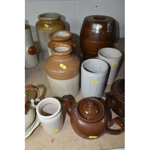 600 - A SMALL SELECTION OF SALT GLAZED EARTHENWARES ETC, to include an unbranded spirit barrel lacking a l... 