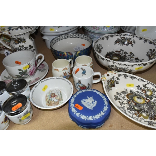 603 - A SELECTION OF NAMED CERAMICS, to include Royal Doulton Bunnykins, Wedgwood Peter Rabbit, Masons Fru... 