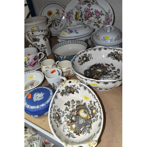 603 - A SELECTION OF NAMED CERAMICS, to include Royal Doulton Bunnykins, Wedgwood Peter Rabbit, Masons Fru... 