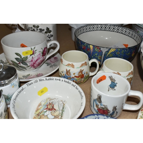 603 - A SELECTION OF NAMED CERAMICS, to include Royal Doulton Bunnykins, Wedgwood Peter Rabbit, Masons Fru... 