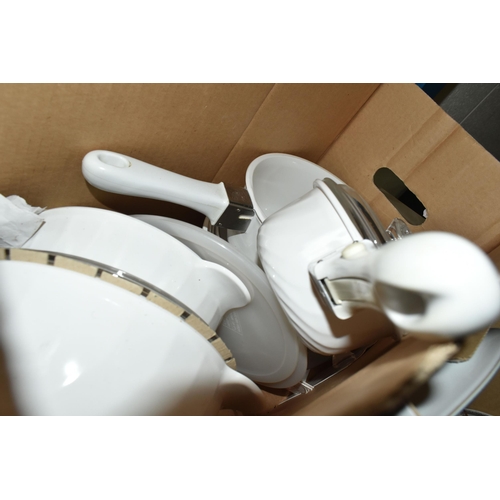 605 - EIGHT BOXES AND LOOSE TEA, DINNER AND GLASSWARES ETC, to include a Denby Normandy teapot, Wedgwood H... 