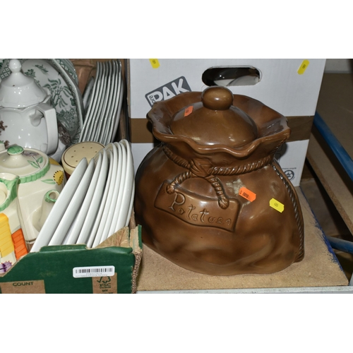 605 - EIGHT BOXES AND LOOSE TEA, DINNER AND GLASSWARES ETC, to include a Denby Normandy teapot, Wedgwood H... 