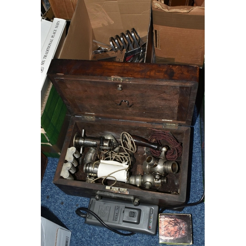 606 - SEVEN BOXES AND LOOSE SUNDRY ITEMS ETC, to include vintage photographic equipment including a Voigtl... 