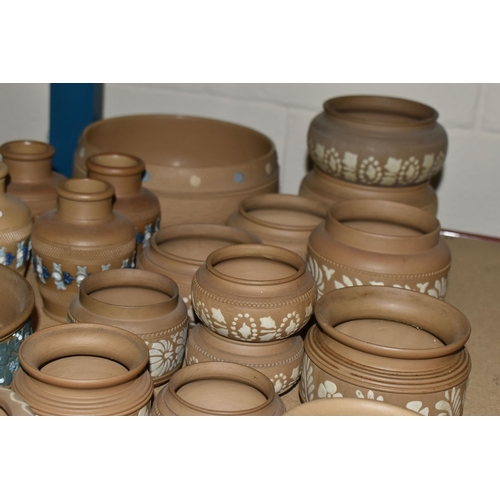 610 - A QUANTITY OF DOULTON LAMBETH SILICON WARE PLANT POTS AND JARDINIERES ETC, most have coloured enamel... 