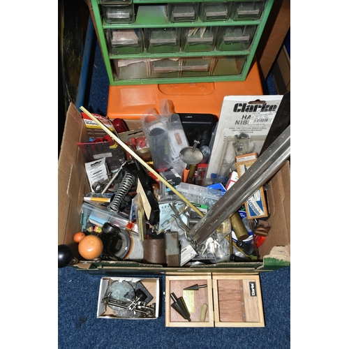 614 - THREE BOXES AND A METAL ACCESSORY CABINET OF TOOLS AND HABERDASHERY ITEMS ETC, to include a plastic ... 