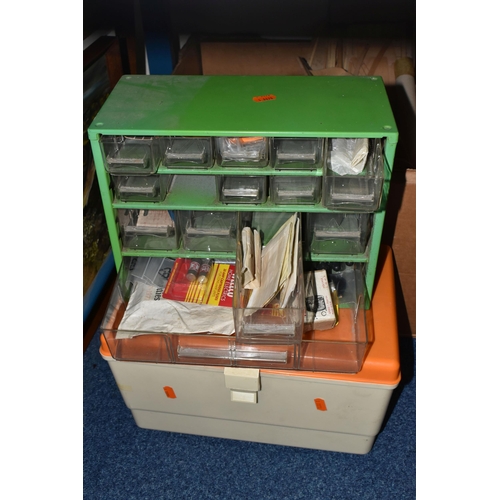 614 - THREE BOXES AND A METAL ACCESSORY CABINET OF TOOLS AND HABERDASHERY ITEMS ETC, to include a plastic ... 