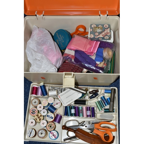 614 - THREE BOXES AND A METAL ACCESSORY CABINET OF TOOLS AND HABERDASHERY ITEMS ETC, to include a plastic ... 