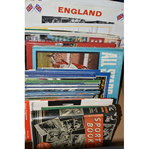 620 - THREE BOXES OF EPHEMERA comprising a large number of playing cards, sports books, rugby league, rugb... 