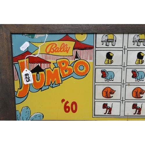 625 - A FRAMED ILLUMINATED BALLY PINBALL BACK GLASS 'Jumbo', c.1960s, not tested, size of frame approx. 68... 