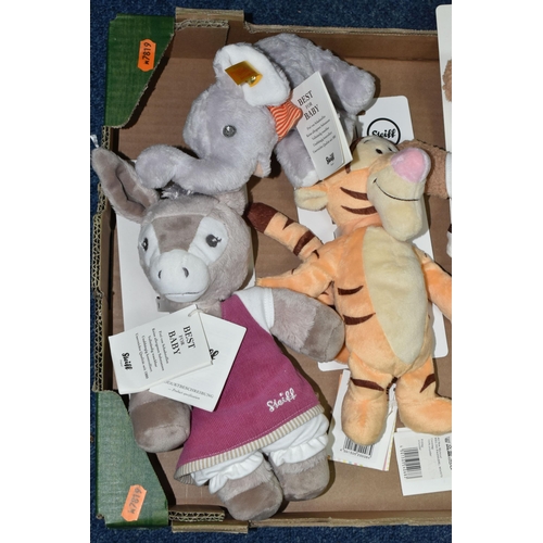 629 - A BOX OF STEIFF 'BEST FOR BABY' SOFT TOYS, comprising Issy Donkey no 238581, Tigger no 290084, and S... 