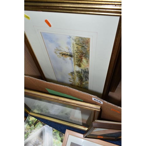 658 - A BOX AND LOOSE PAINTINGS AND PRINTS, including two late 20th century oil paintings on board of a st... 