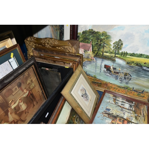 662 - A BOX AND LOOSE OF ASSORTED PAINTINGS AND PRINTS, to include a gilt framed reproduction print of a m... 