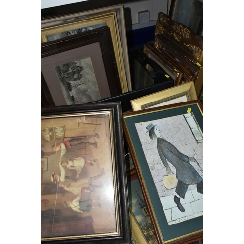 662 - A BOX AND LOOSE OF ASSORTED PAINTINGS AND PRINTS, to include a gilt framed reproduction print of a m... 