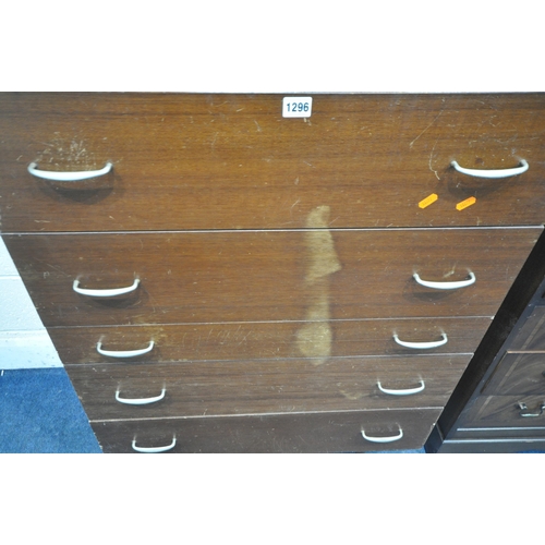 1200 - A MID-CENTURY TEAK CHEST OF FIVE DRAWERS, on cylindrical tapered legs, width 77cm x depth 48cm x hei... 