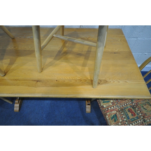 1205 - A PINE RECTANGULAR TRESTLE DINING TABLE, length 152cm x depth 77cm x height 77cm, along with a set o... 