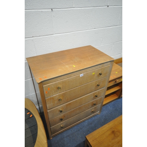 1209 - A LEBUS MID CENTURY TEAK CHEST OF FIVE DRAWERS, width 78cm x depth 43cm x height 90cm, a telephone s... 