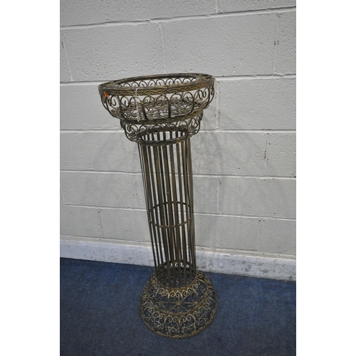 1218 - A GILDED WIRE JARDINIÈRE STAND, with a Corinthian pillar style support, diameter 48cm x height 111cm... 