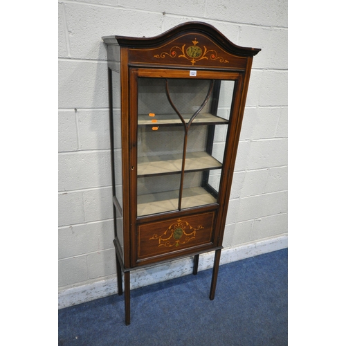 1221 - AN EDWARDIAN MAHOGANY AND INLAID CHINA CABINET, the single astragal glazed door enclosing two shelve... 