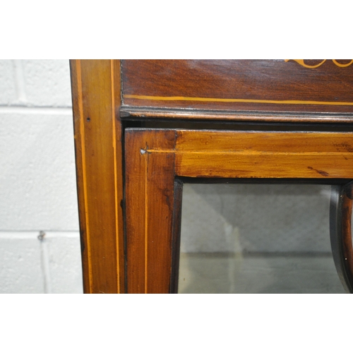 1221 - AN EDWARDIAN MAHOGANY AND INLAID CHINA CABINET, the single astragal glazed door enclosing two shelve... 