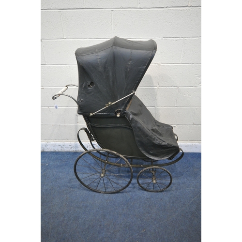 1222 - A LATE 19TH/EARLY 20TH CENTURY FORWARD FACING CHAIR PRAM, with folding canopy, buttoned back and sea... 