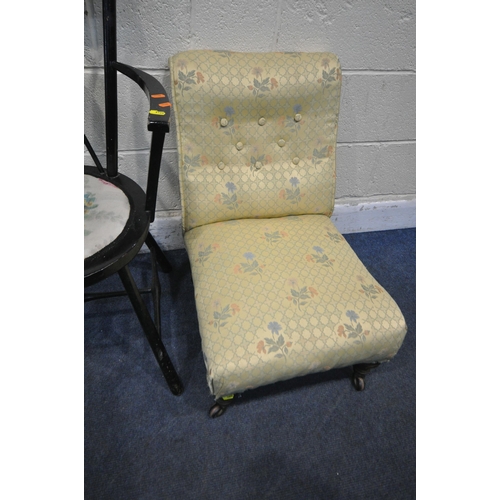 1229 - A VARIETY OF PERIOD CHAIRS, to include an Edwardian nursing chair, an ebonised armchair, with floral... 