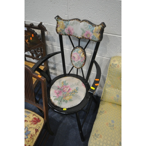 1229 - A VARIETY OF PERIOD CHAIRS, to include an Edwardian nursing chair, an ebonised armchair, with floral... 