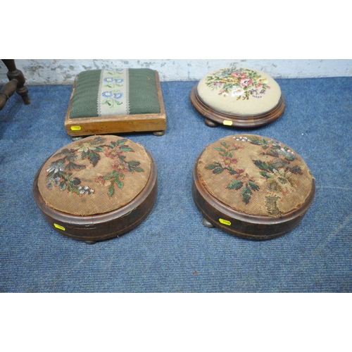 1232 - A VARIETY OF PERIOD STOOLS, to include a pair of Georgian circular footstools, another circular foot... 