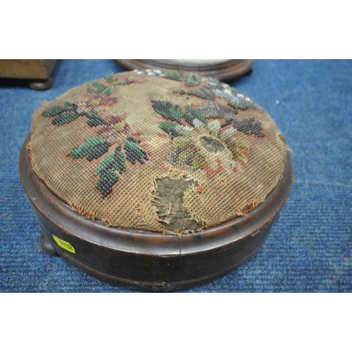 1232 - A VARIETY OF PERIOD STOOLS, to include a pair of Georgian circular footstools, another circular foot... 