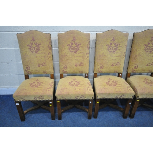 1240 - A SET OF SIX CONTEMPORARY OAK FRAMED CHAIRS, with beige and purple upholstery and shaped cross stret... 