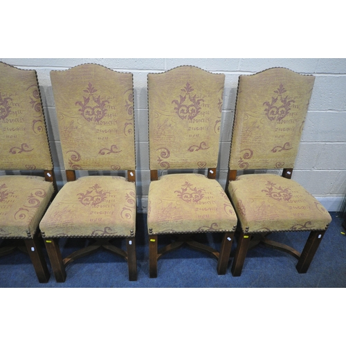 1240 - A SET OF SIX CONTEMPORARY OAK FRAMED CHAIRS, with beige and purple upholstery and shaped cross stret... 