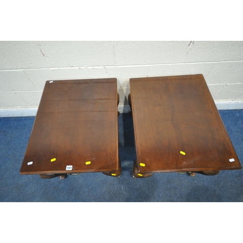 1241 - A PAIR OF REPRODUCTION MAHOGANY SIDE TABLE, with a single drawer, on cabriole legs, width 56cm x dep... 