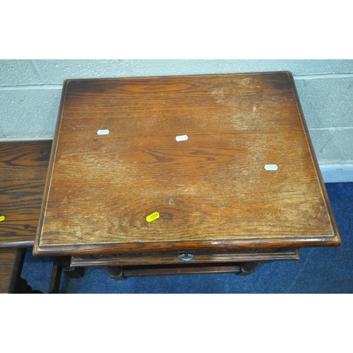 1255 - AN OLD CHARM OAK SINGLE DRAWER SIDE TABLE, raised on turned legs, united by stretchers, width 57cm x... 