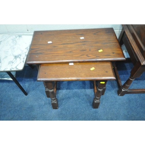 1255 - AN OLD CHARM OAK SINGLE DRAWER SIDE TABLE, raised on turned legs, united by stretchers, width 57cm x... 