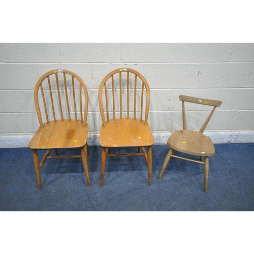 1257 - A PAIR OF ERCOL ELM AND BEECH KITCHEN CHAIRS, along with an Ercol style child's stacking chair (cond... 