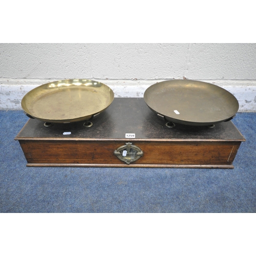 1259 - A SET OF EARLY 20TH CENTURY FRENCH SCALES, with two brass bowls, the brass plaque to front reading '... 