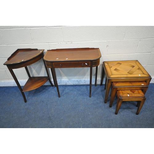 1260 - A 20TH CENTURY MAHOGANY SIDE TABLE, with a single frieze drawer, on square tapered legs, width 82cm ... 