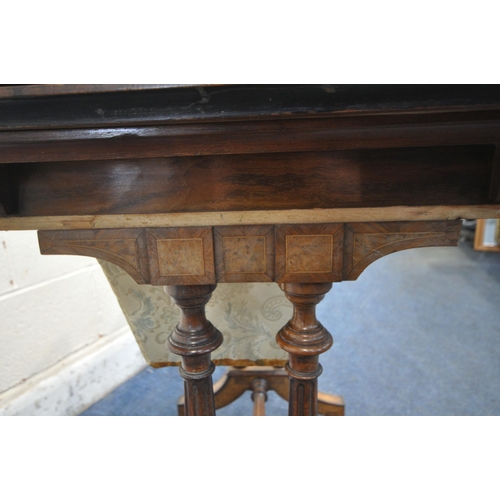 1261 - A 19TH CENTURY BURR WALNUT WORK TABLE, the revolving fold over top, enclosing a green baize, above a... 