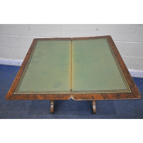 1261 - A 19TH CENTURY BURR WALNUT WORK TABLE, the revolving fold over top, enclosing a green baize, above a... 