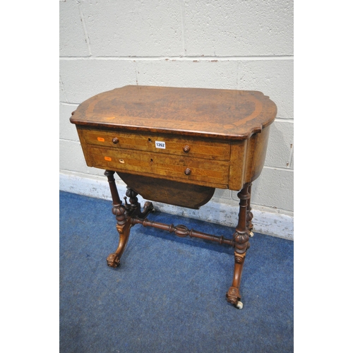 1262 - A 19TH CENTURY BURR WALNUT WORK TABLE, with two drawers, above a pull out storage section, raised on... 