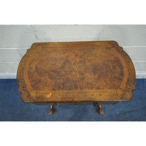 1262 - A 19TH CENTURY BURR WALNUT WORK TABLE, with two drawers, above a pull out storage section, raised on... 