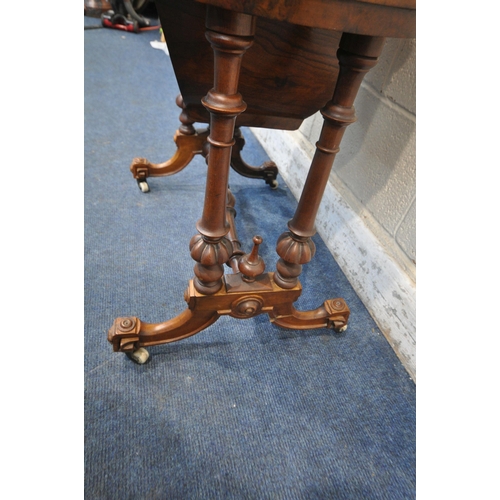 1262 - A 19TH CENTURY BURR WALNUT WORK TABLE, with two drawers, above a pull out storage section, raised on... 