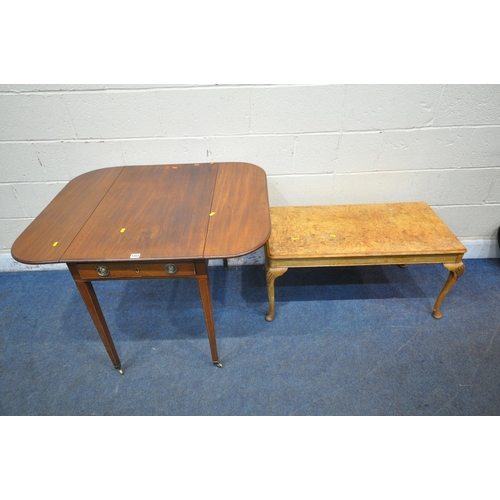 1263 - A 19TH CENTURY MAHOGANY DROP LEAF TABLE, with a single frieze drawer, raised on square tapered legs ... 