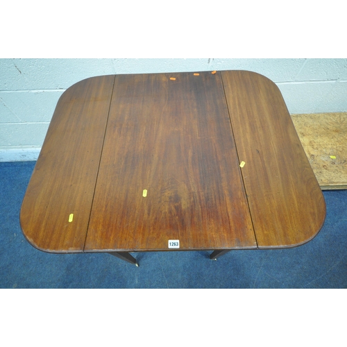 1263 - A 19TH CENTURY MAHOGANY DROP LEAF TABLE, with a single frieze drawer, raised on square tapered legs ... 